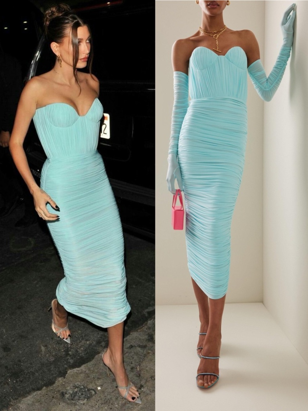 Alex Perry Prescott Ruched Dress with Gloves Blue ASO Hailey Bieber NEW with tag